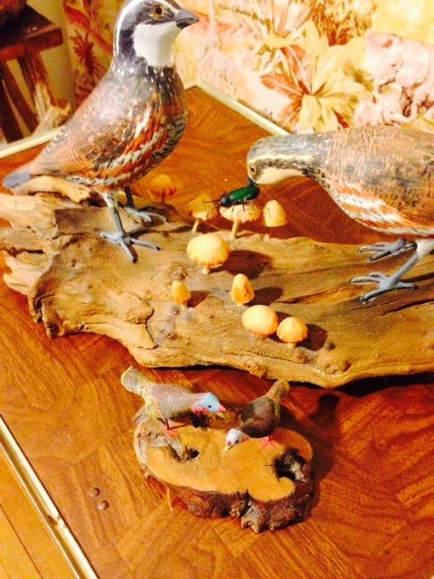 This Bob White pair with mushrooms and beetle and the miniature wild turkeys are part of our son's collection.
